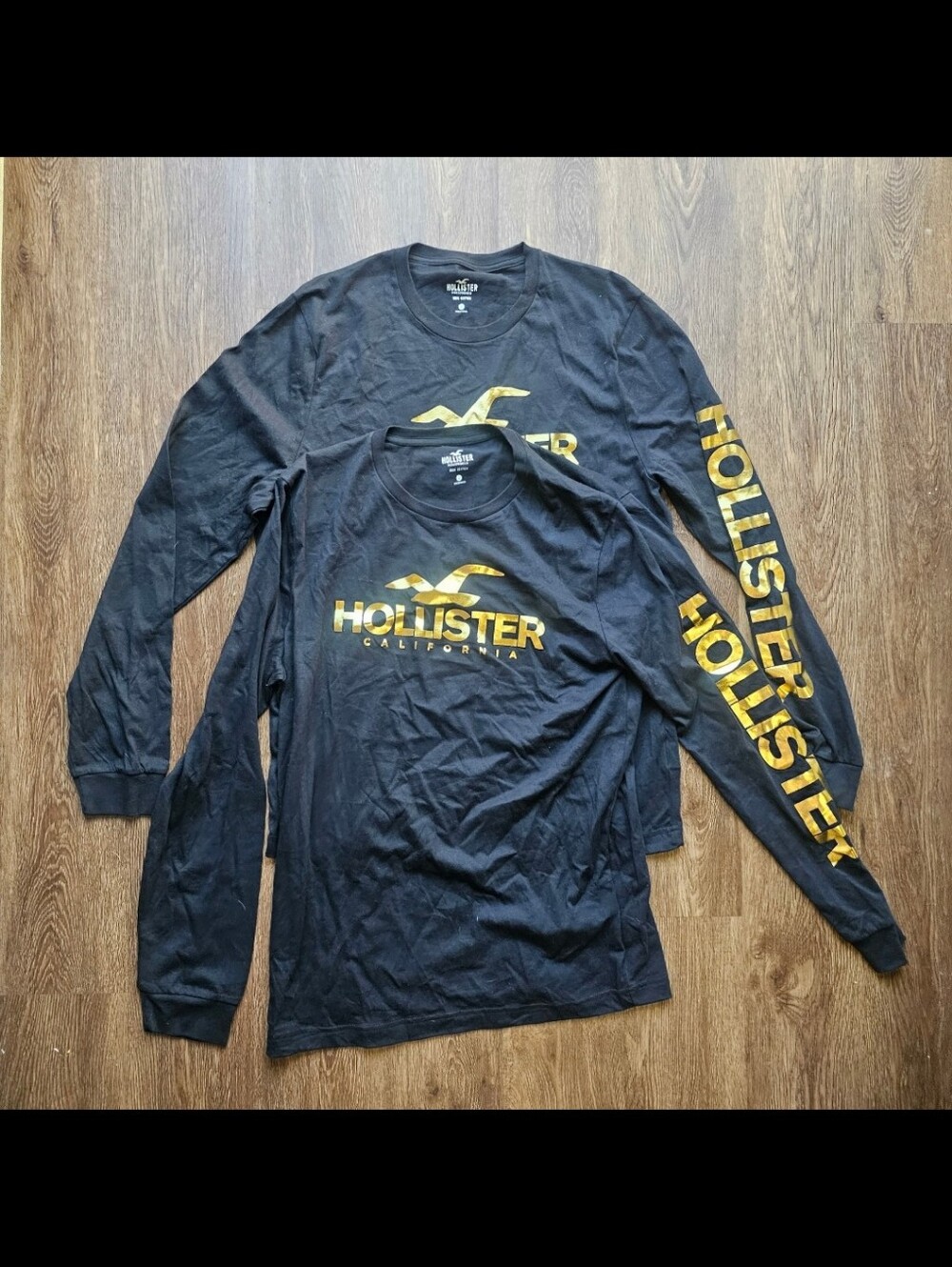 Mens L Hollister California Black Gold Shiny Cotton Logo Tshirt Lot Of 2 Long